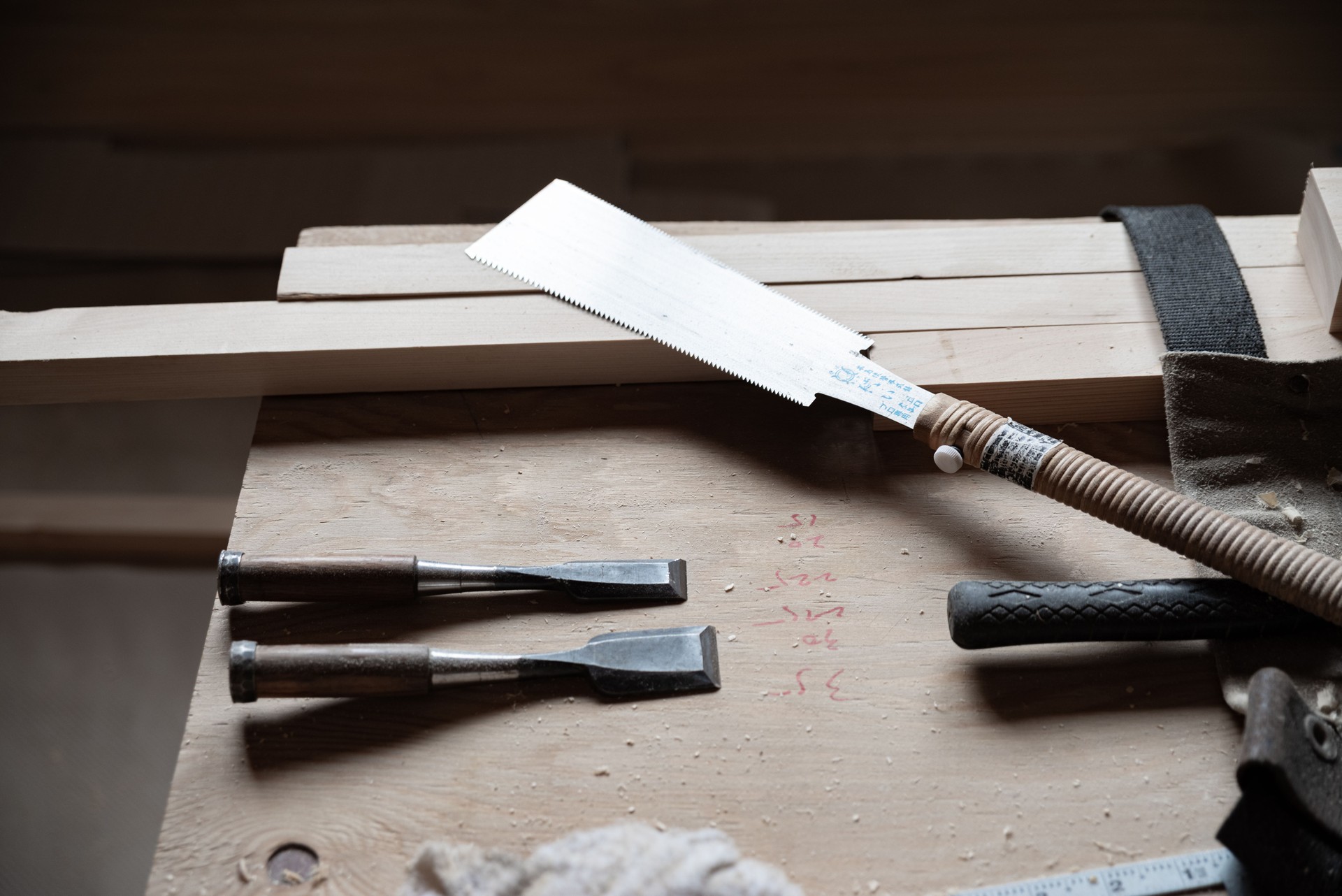 Carpenter's tools on the table at the job site