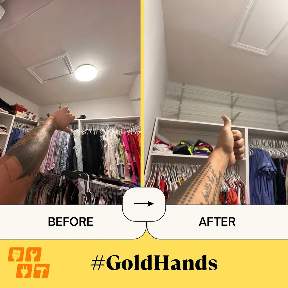 A before and after comparison of a closet with new wire shelving installed