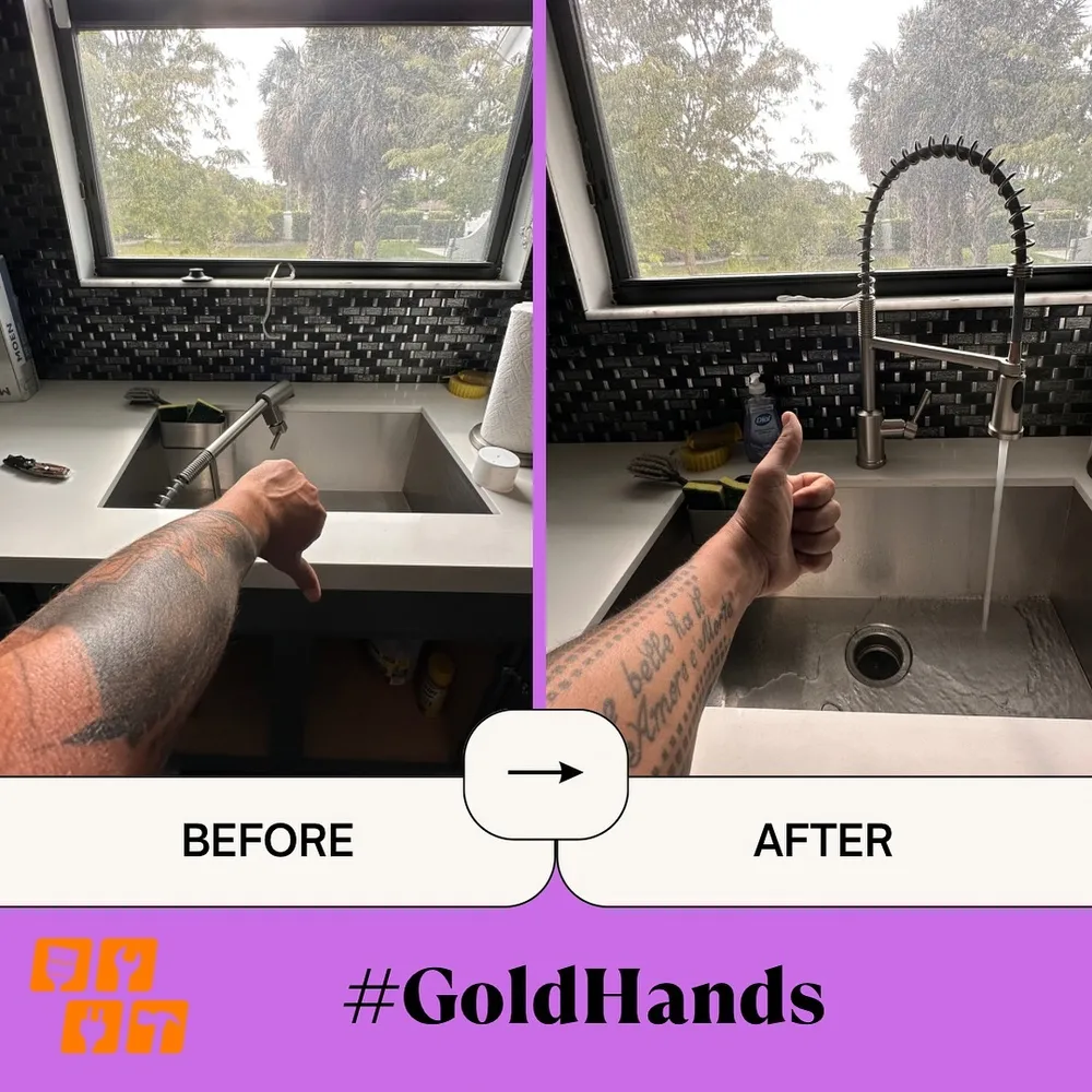 Before and after of a kitchen sink with a new faucet installed