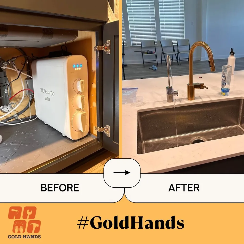 A before and after comparison of a water filter installation under a sink