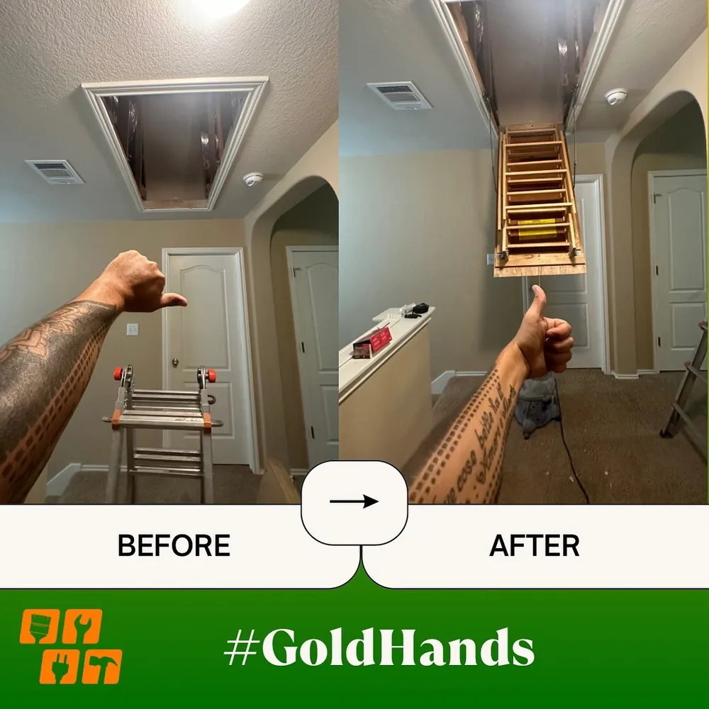 Before and after of a ceiling opening with an attic ladder installed