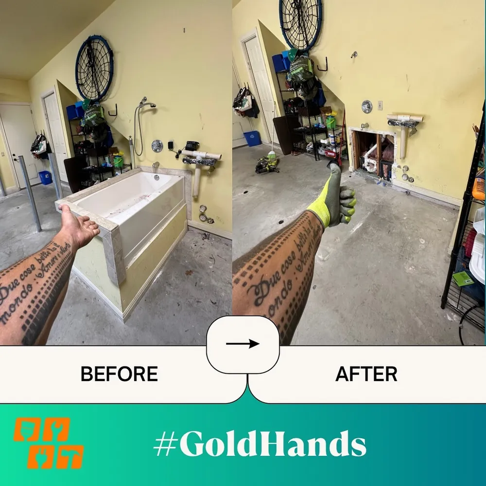 A before and after comparison of a bathroom demolition, showing a removed bathtub