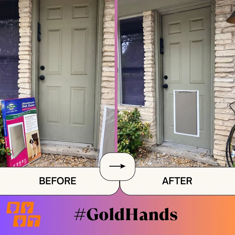 A before and after comparison of a pet door installed in a green door