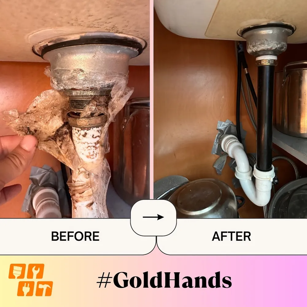 Before and after of a sink drain repair under a kitchen counter