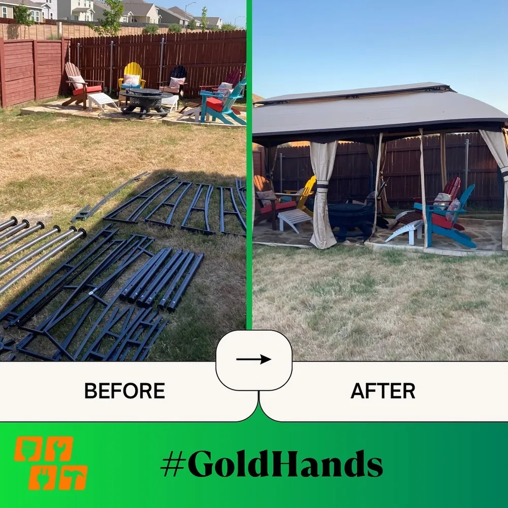 Before and after of a patio with a newly assembled gazebo and furniture
