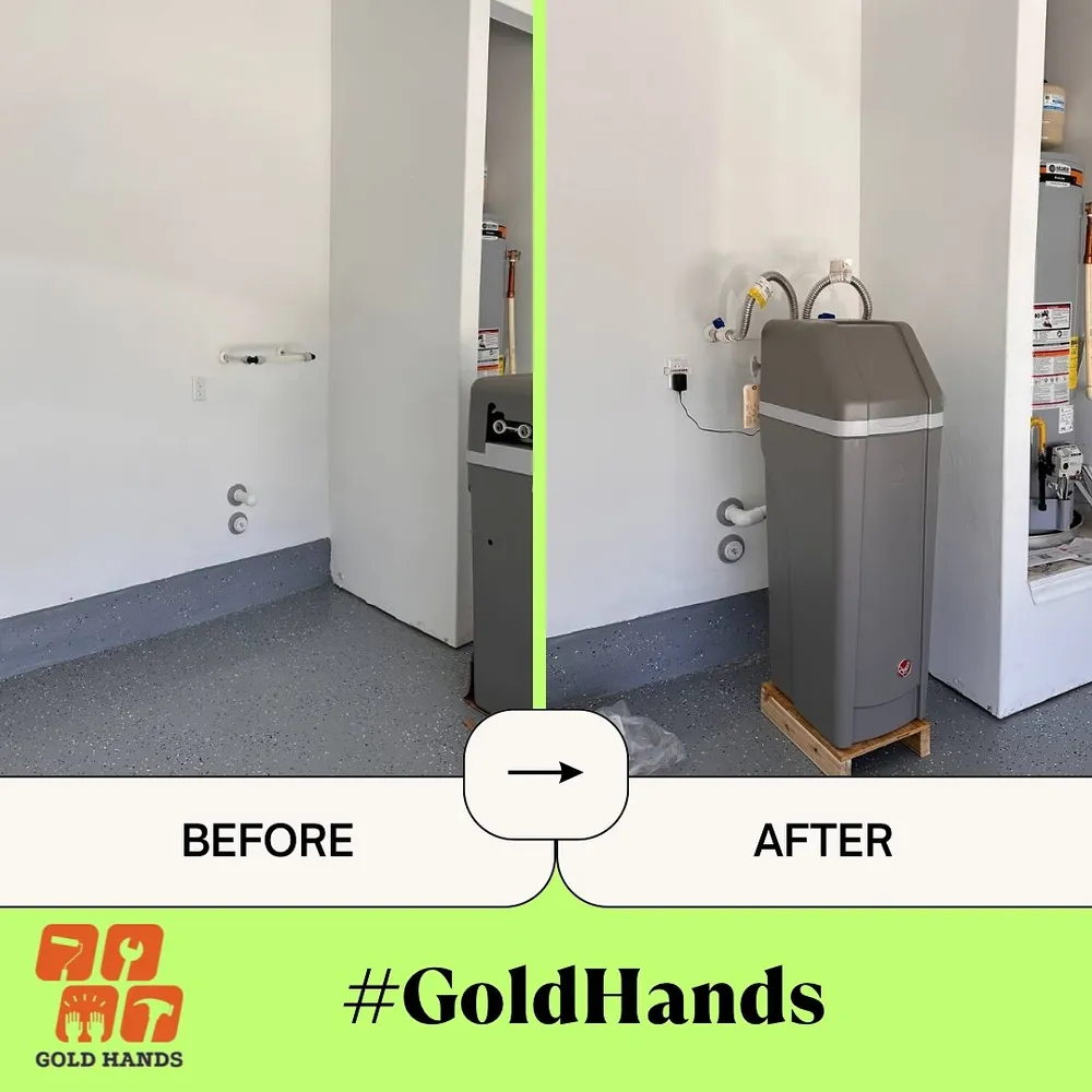 Before and after of a water softener installation in a garage
