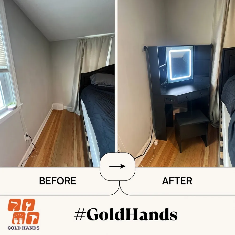 A before and after comparison of a bedroom corner with a vanity table
