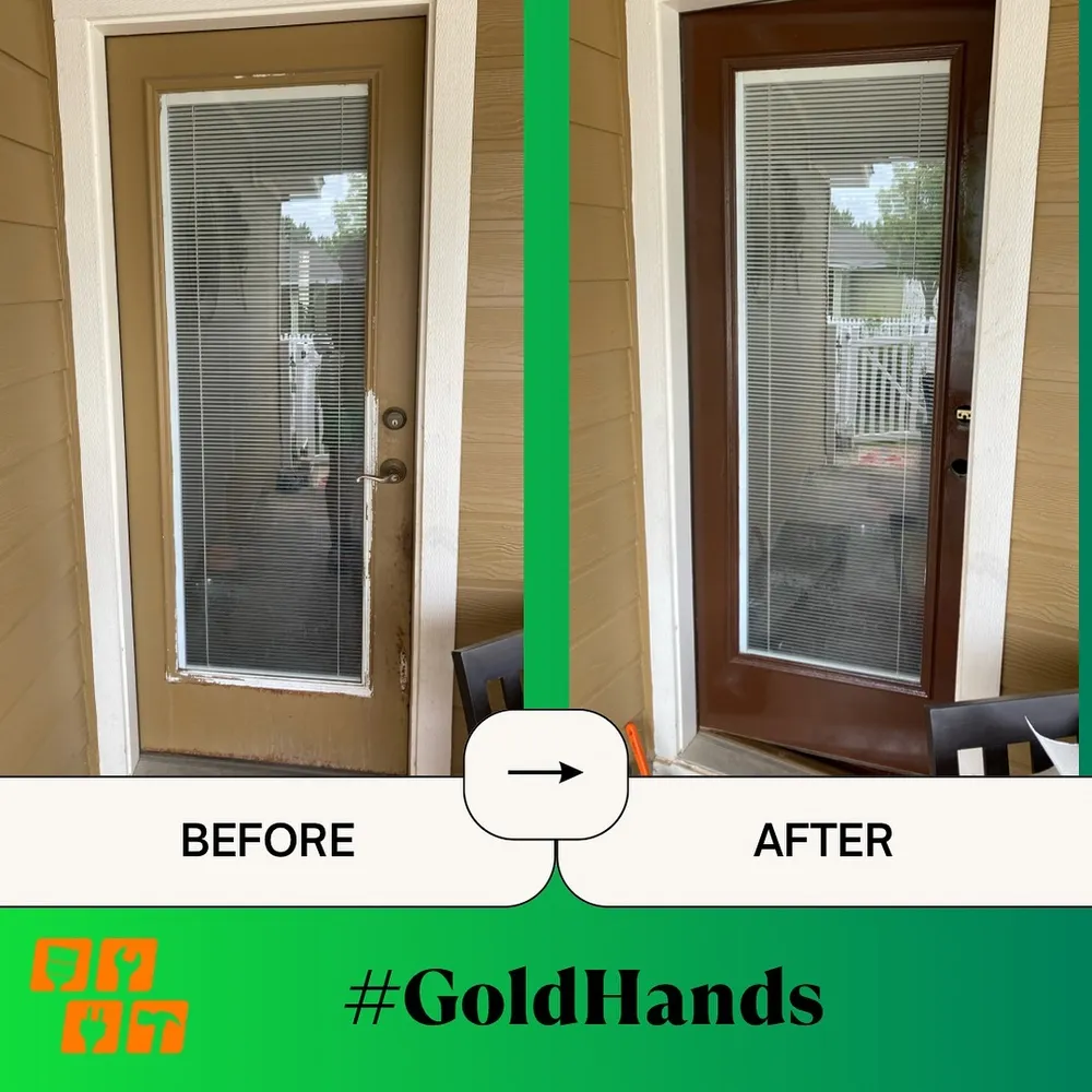 A before and after comparison of a door painted dark brown