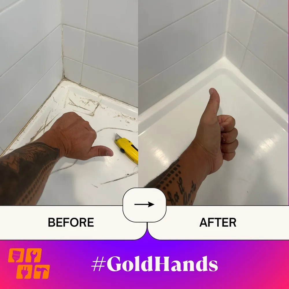 A before and after comparison of a shower corner with a hand giving a thumbs up