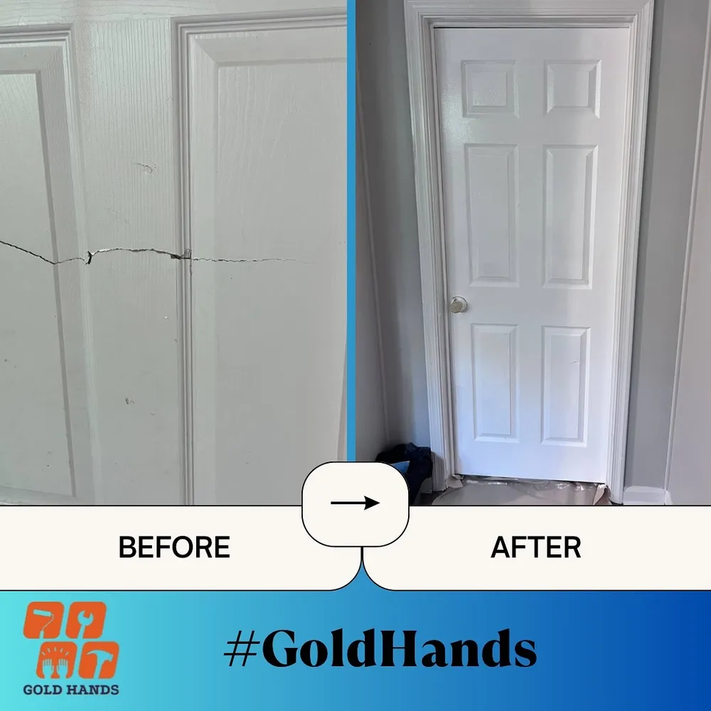 A before and after comparison of a white door, showing a crack repaired
