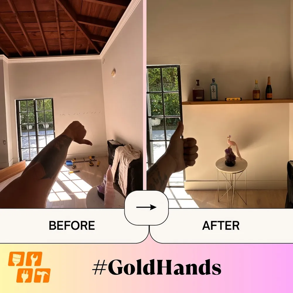Before and after of a room with a new wooden shelf installed on the wall