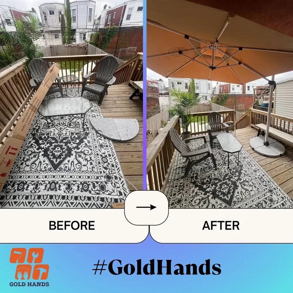 A before and after of a patio with an installed umbrella