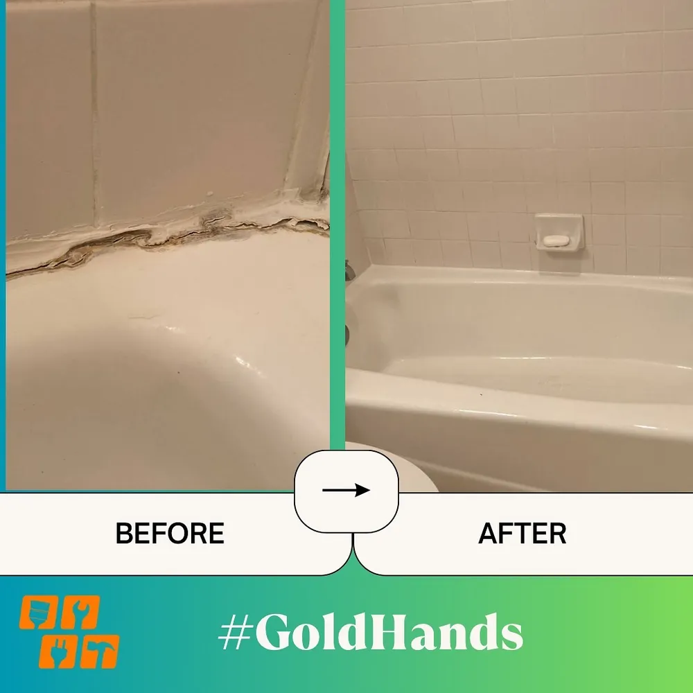Before and after comparison of a bathtub with old and new silicone sealant