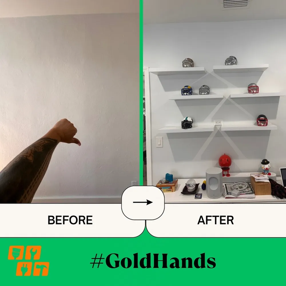 A before and after comparison of a wall with newly installed white shelves holding mini helmets