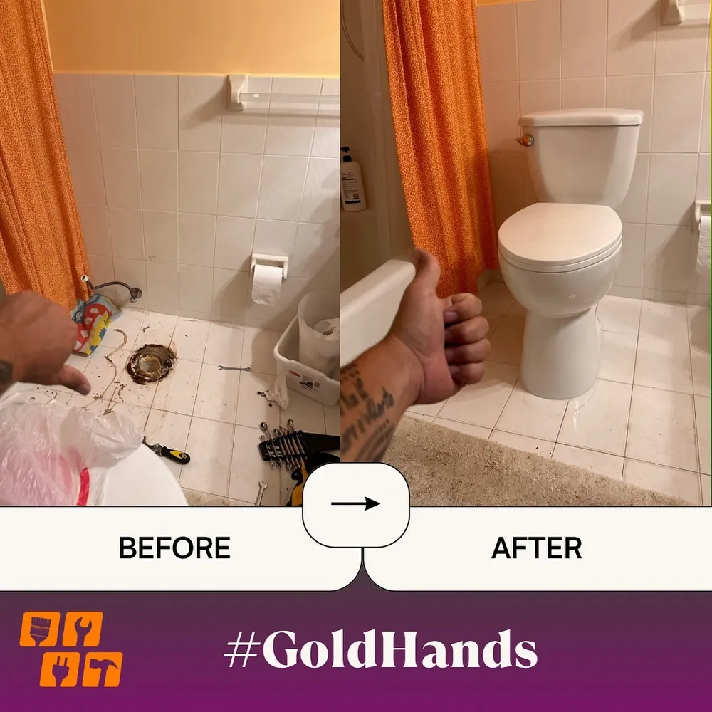 Before and after photos of a toilet installation in a bathroom