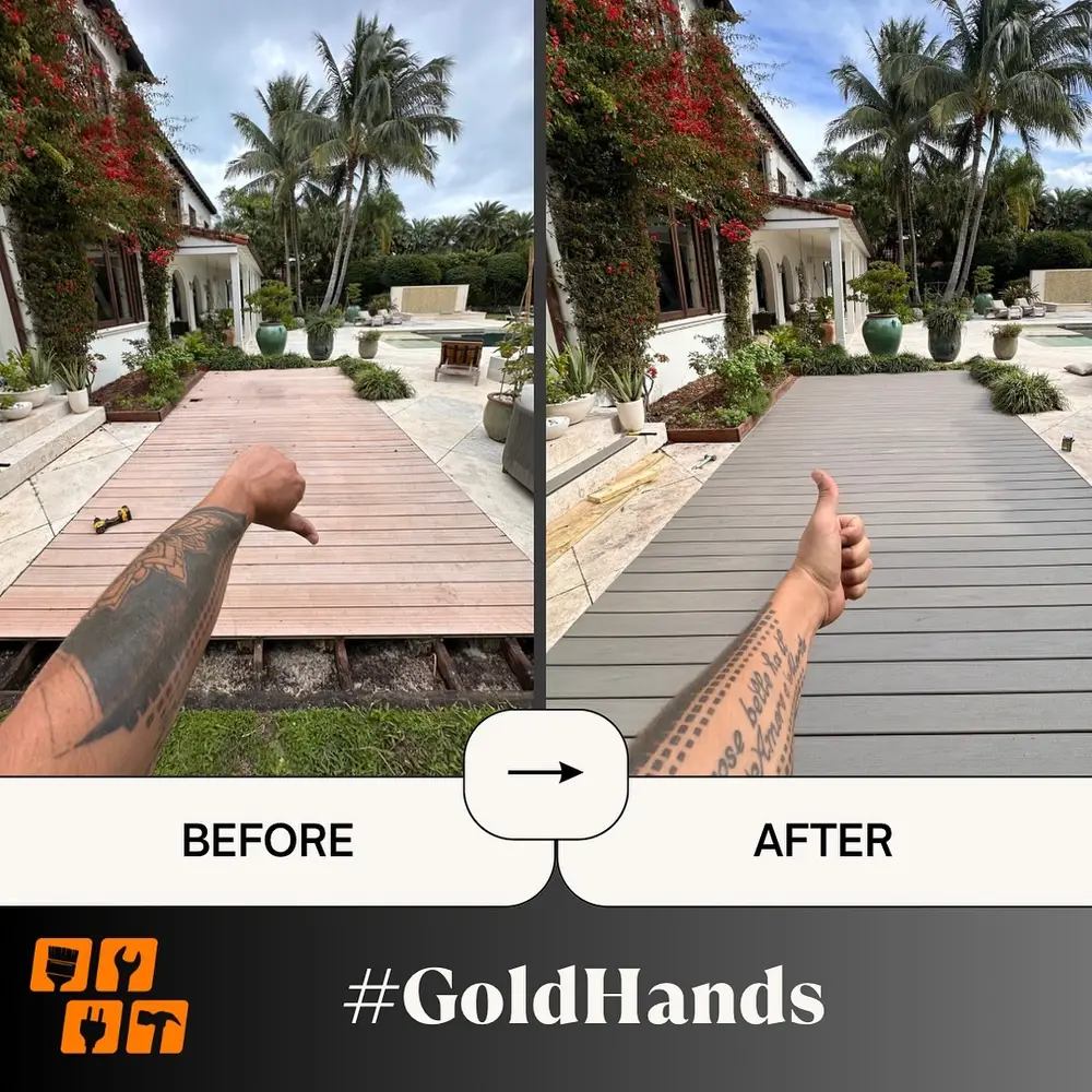 A before and after comparison of a patio deck installation with a thumbs up/down
