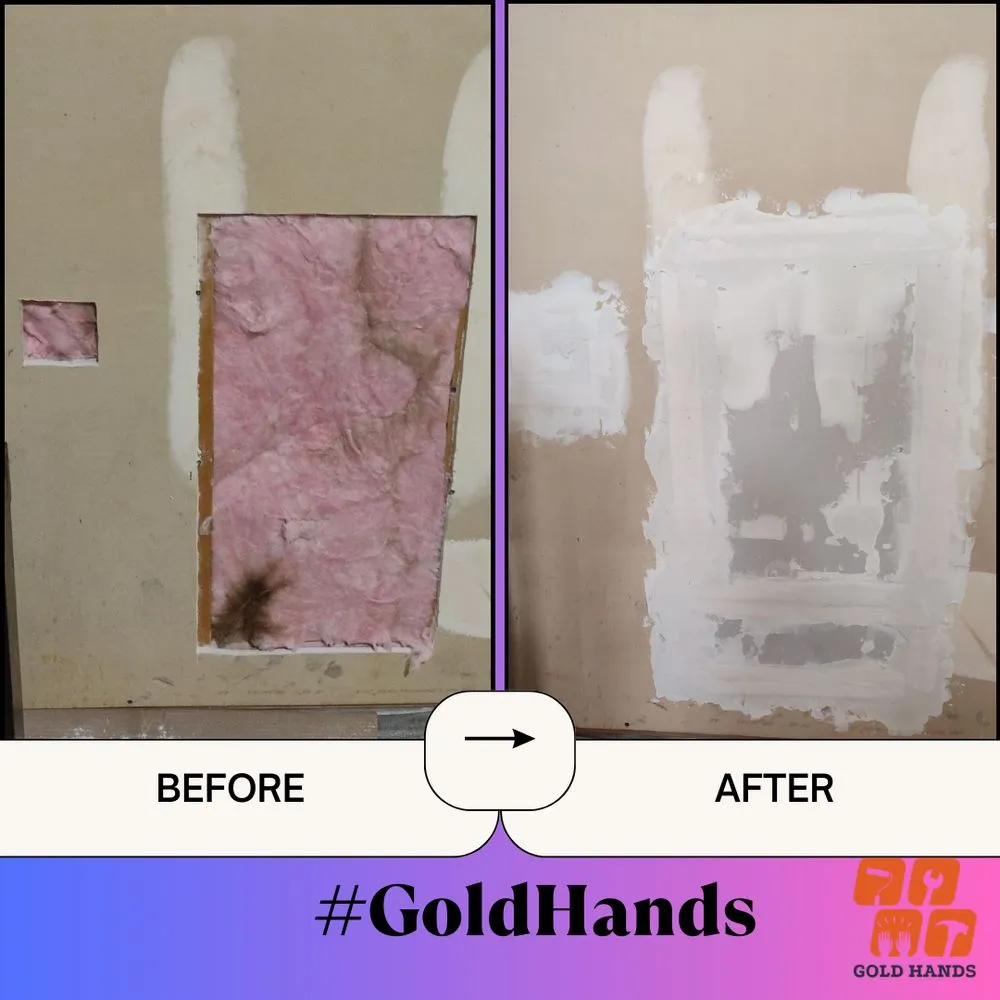 Before and after: large drywall hole closed, taped and mudded