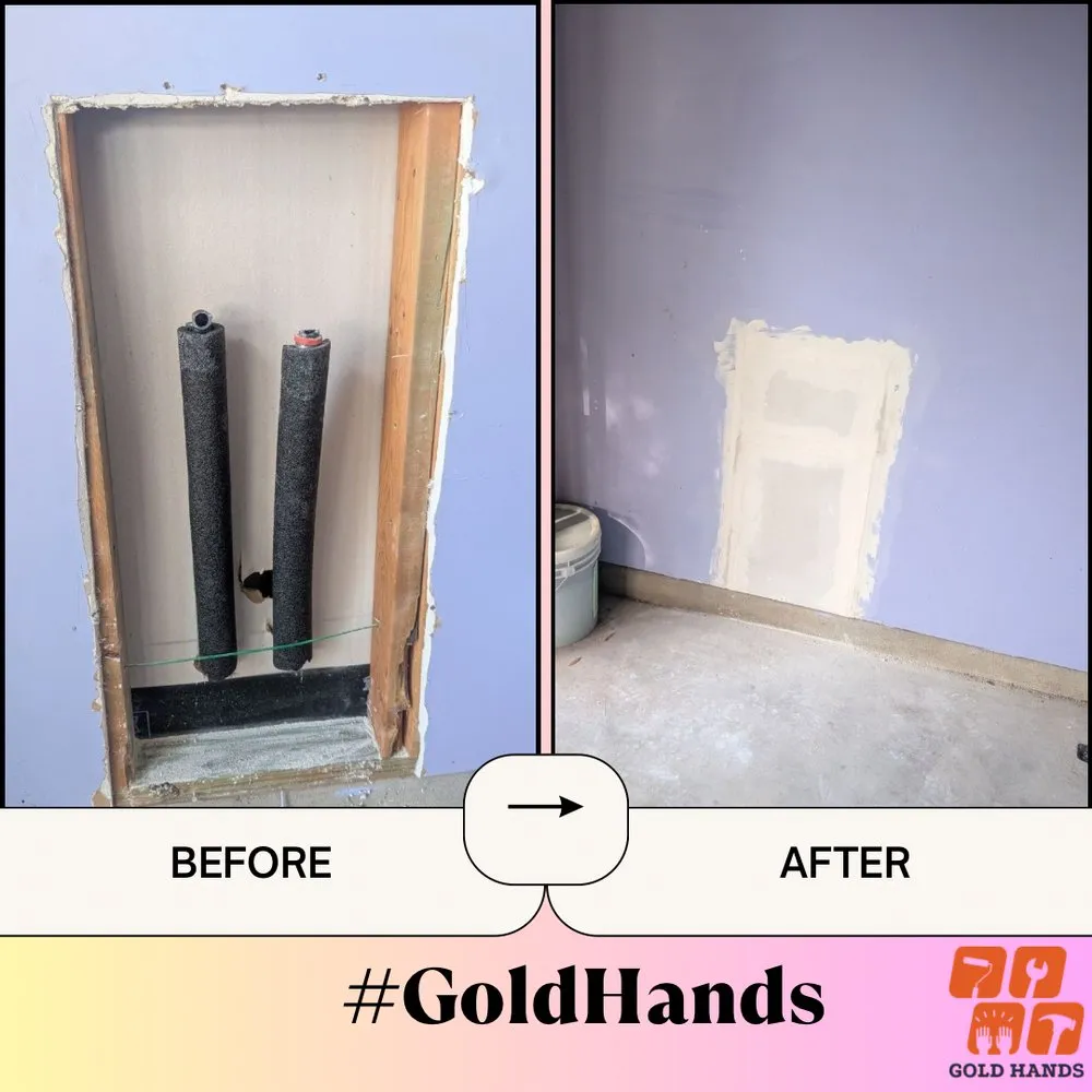 Before and after: drywall closed and patched after a plumbing inspection opening
