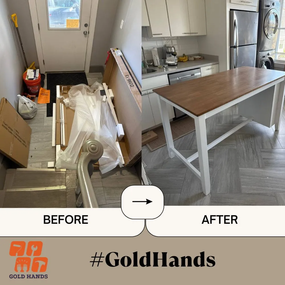 Before and after: kitchen table assembled and set in place
