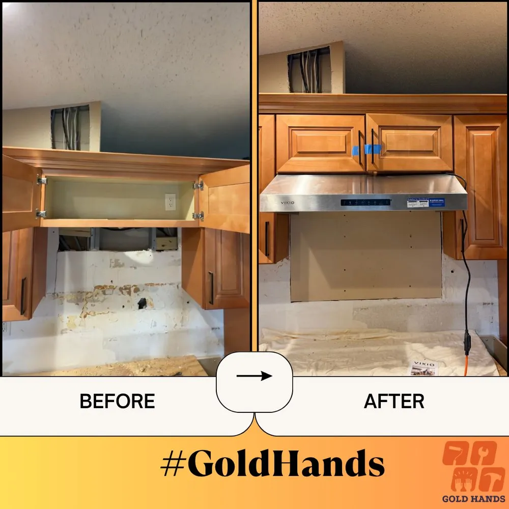 Before and after: under-cabinet range hood installed and wired