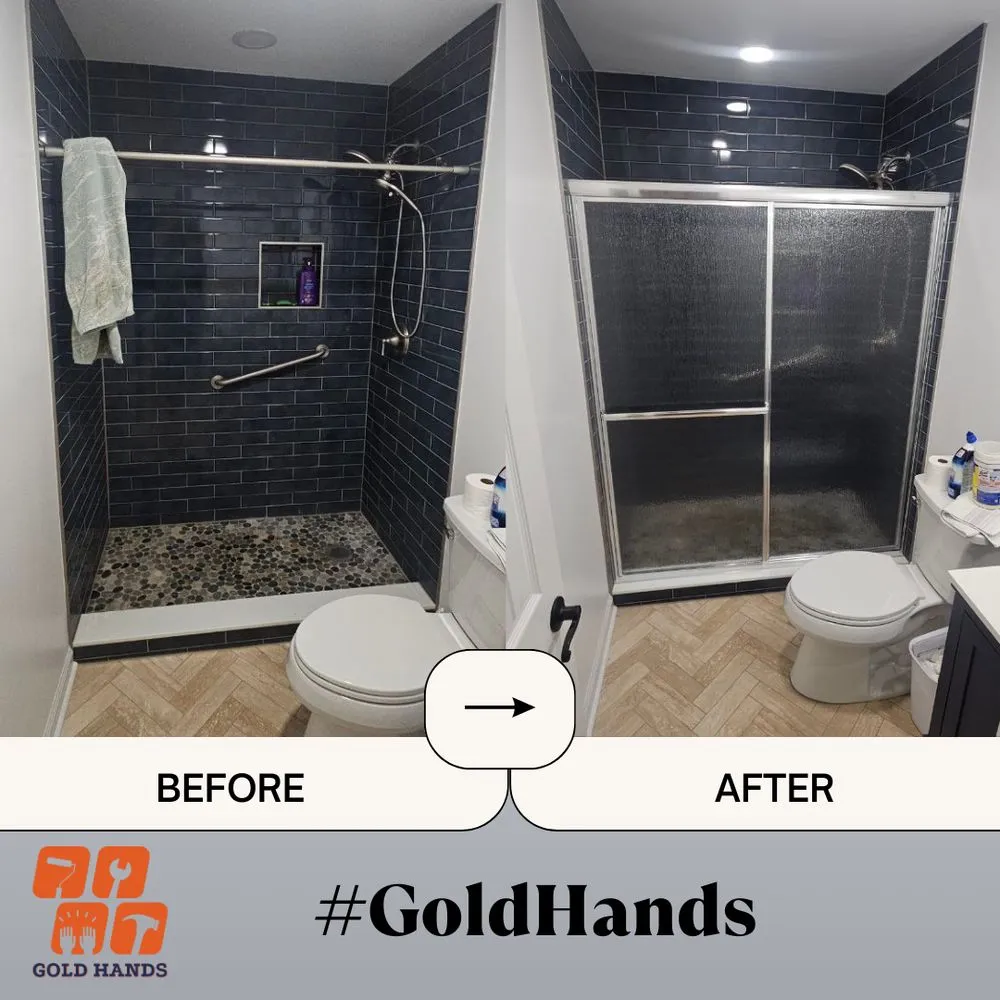 Before and after: sliding glass shower door installed