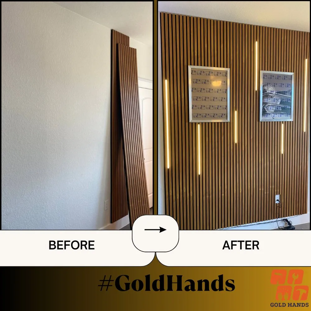 Before and after: wood slat accent wall with LED strips and framed art