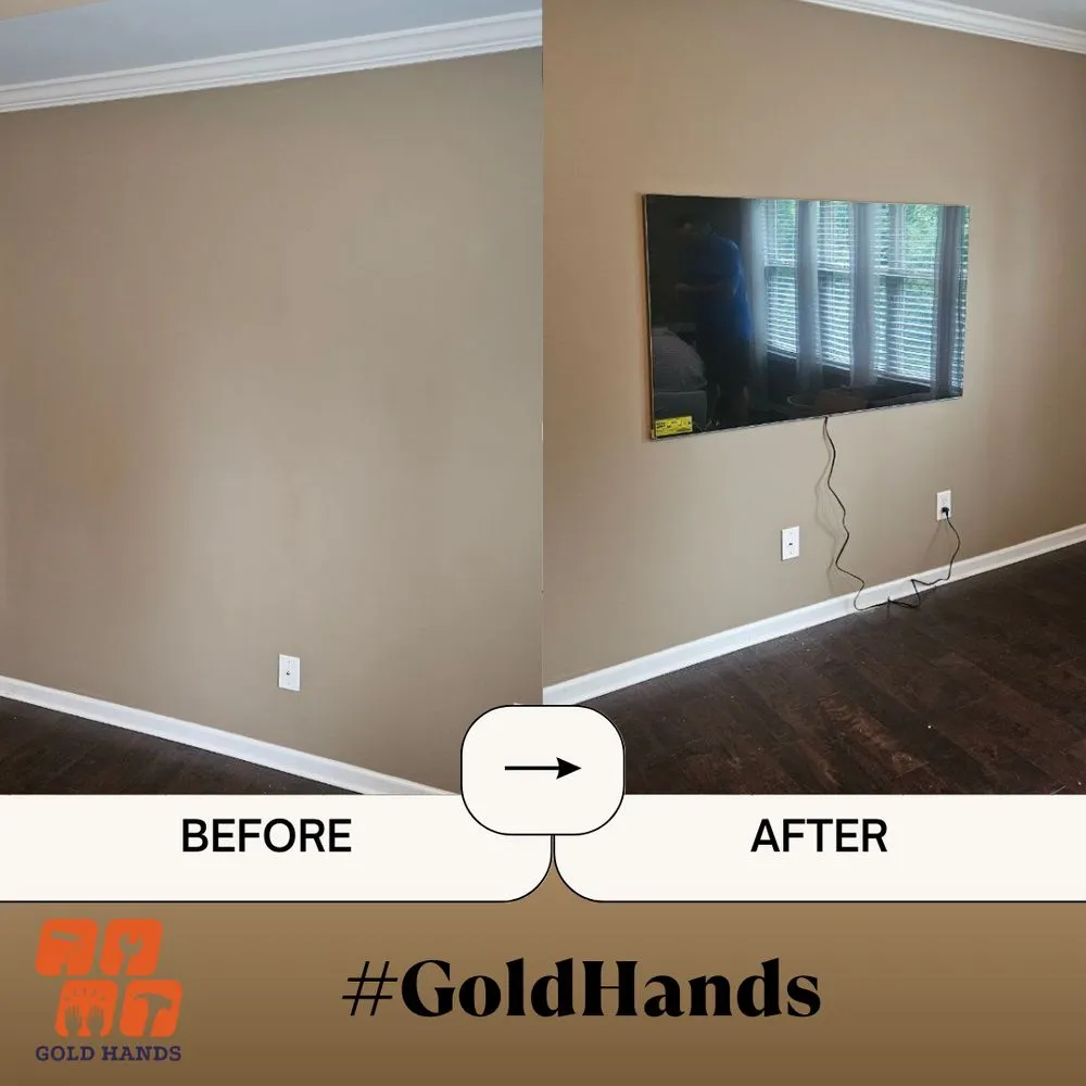Before and after: TV mounted on a living room wall with the cable tucked in