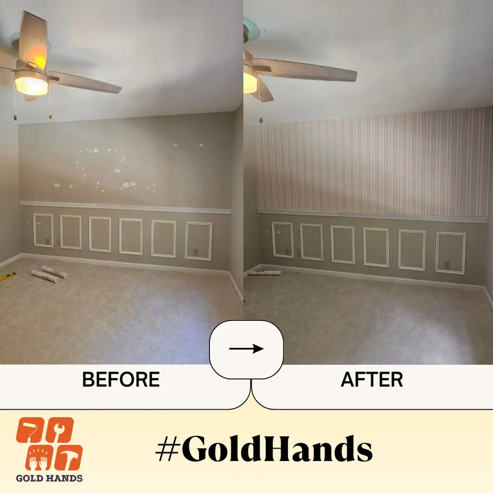 Before and after: striped wallpaper hung above the wainscoting