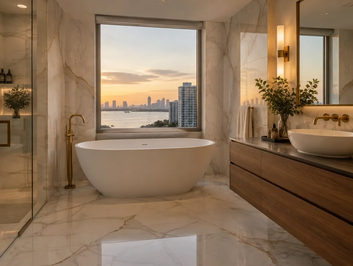 Illustration: remodeled bathroom with a freestanding soaking tub and floating vanity
