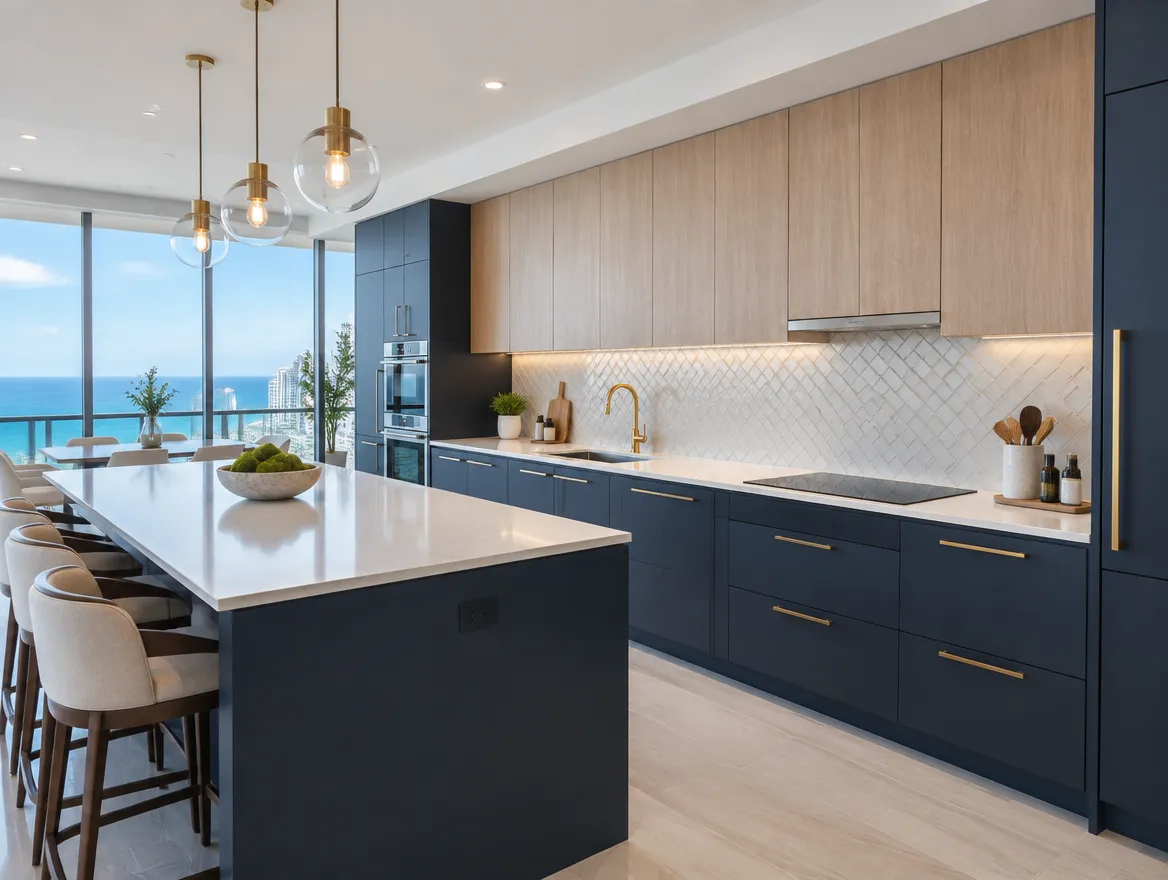 Illustration: condo kitchen with navy cabinets, quartz counters and a tiled backsplash