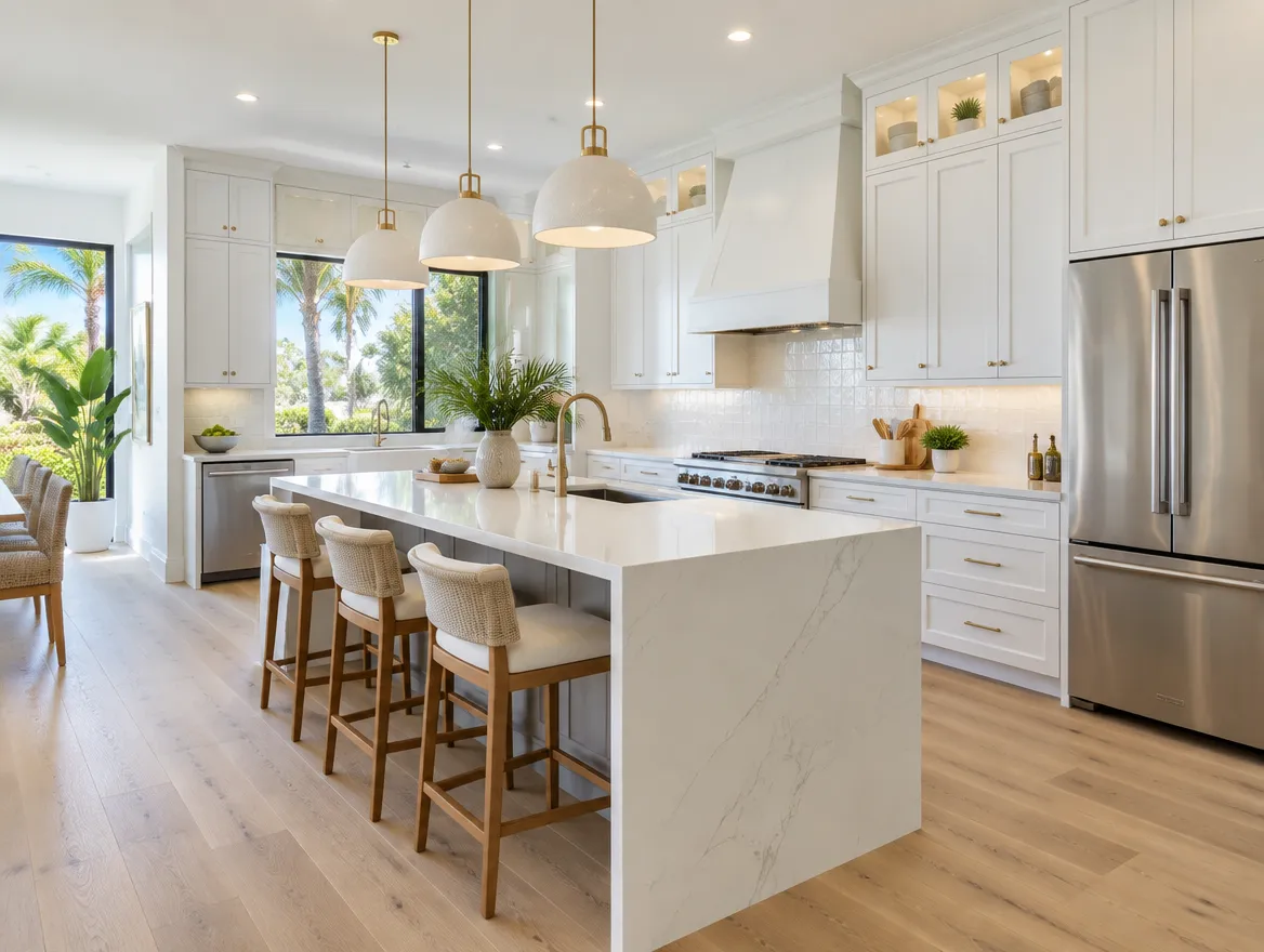 Illustration: white shaker kitchen with a quartz island and pendant lights