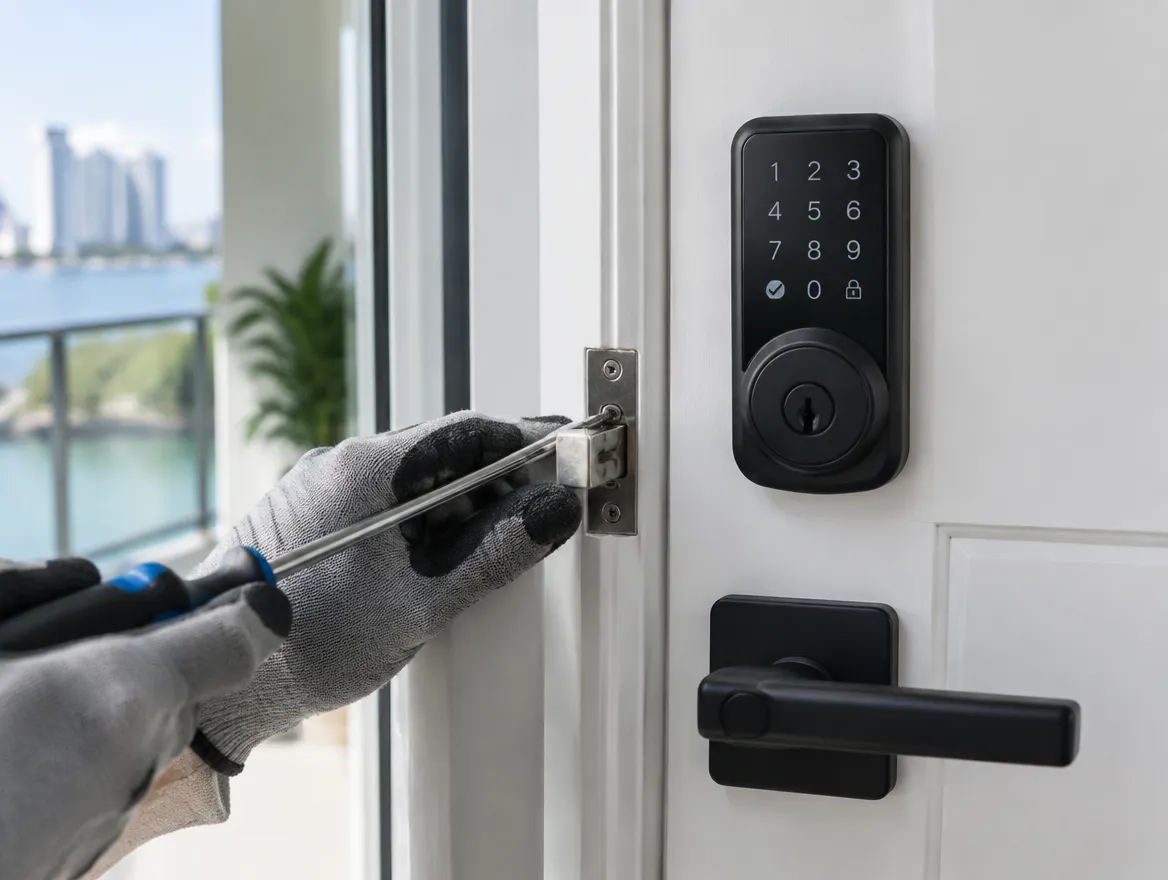 Illustration: technician servicing a smart lock on a rental front door