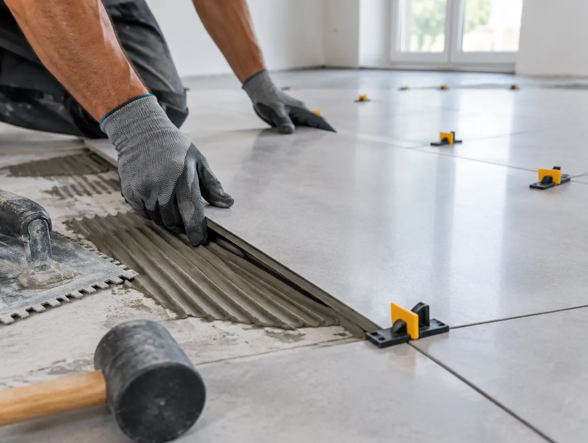 Illustration: large-format porcelain floor tile being set with leveling clips